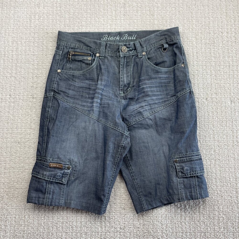 Y2K Black Bull Cargo Denim Jeans Shorts Moto Pockets Military Army Men Sz 32